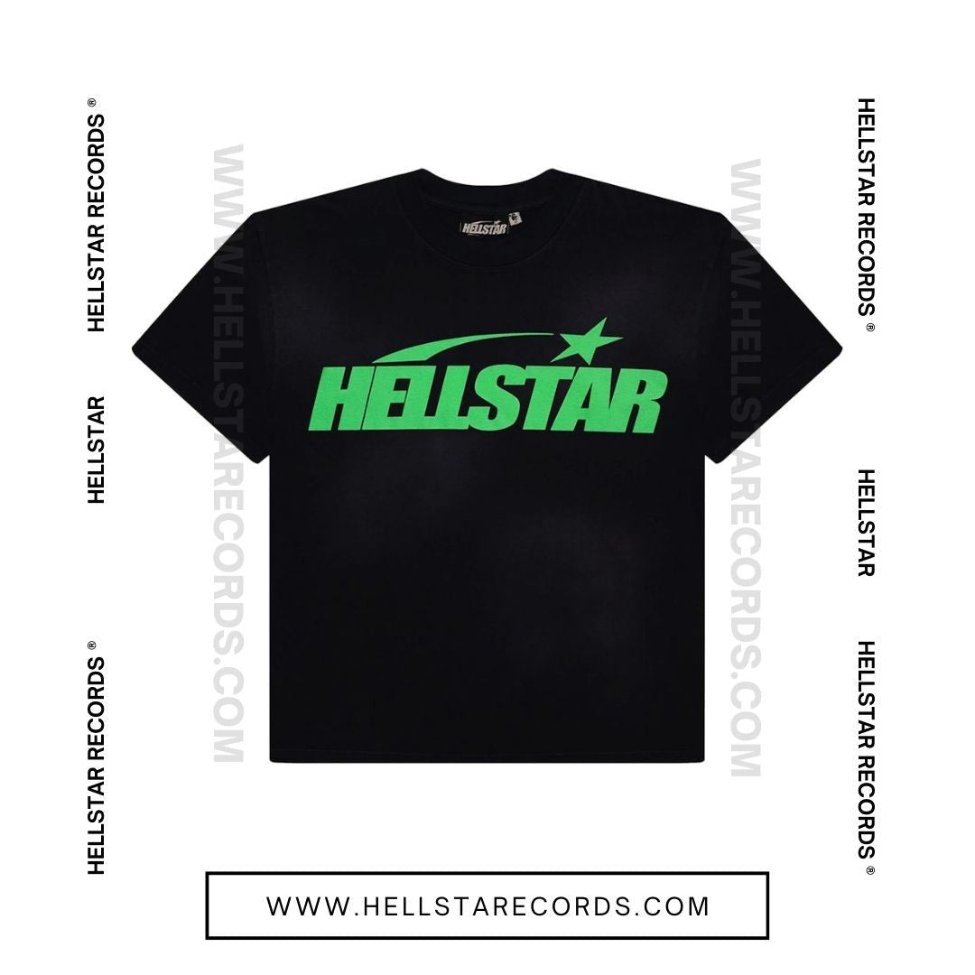 Hellstar Classic T-Shirt - Black with Green Gel Print Designs (Front)