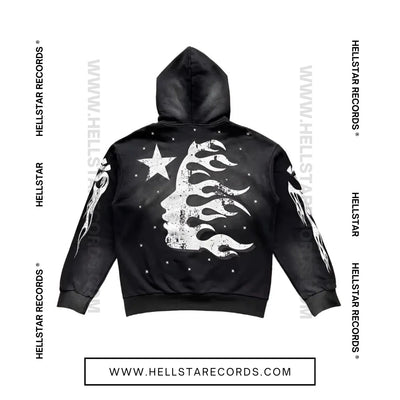 Back view of the Hellstar Flame Flair Hoodie featuring a bold white flame graphic and the Hellstar official logo.