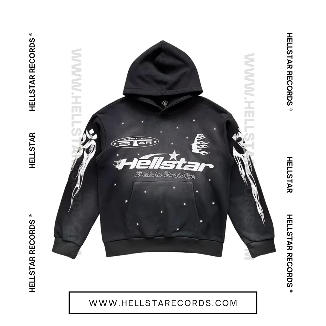 Front view of the Hellstar Flame Flair Hoodie featuring a bold white flame graphic and the Hellstar official logo.