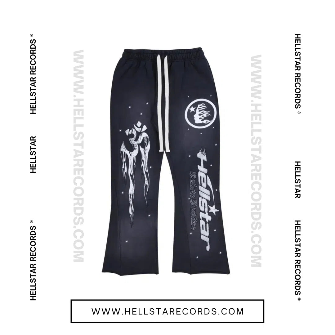 Front view of the Hellstar Flame Flair Sweatpant featuring the Hellstar official logo and white flame graphics running down the legs.