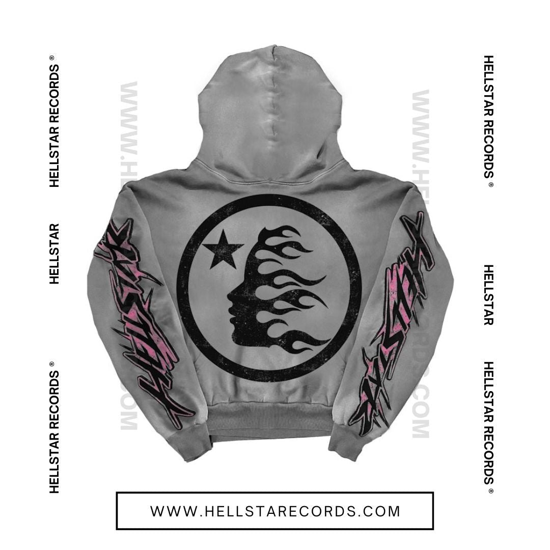 Hellstar Future Flame Hoodie - Grey Hoodie with Pink & Black Flame Graphics and Hellstar Logo