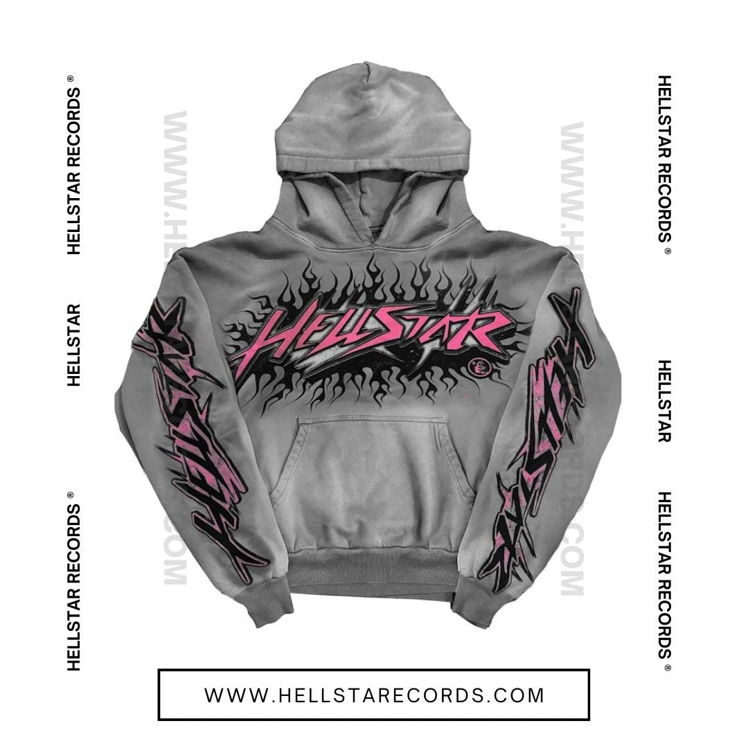 Hellstar Future Flame Hoodie - Grey Hoodie with Pink & Black Flame Graphics and Hellstar Logo