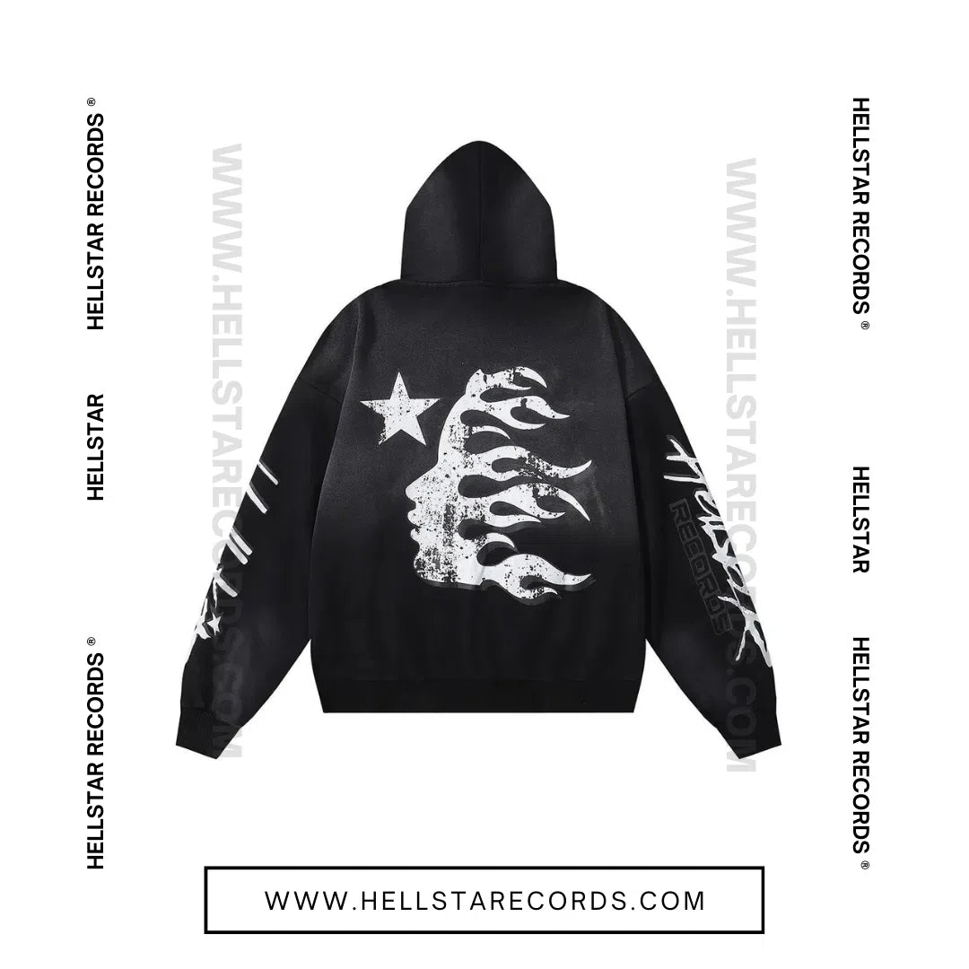 Back view of the Hellstar Records Flame Flare Hoodie in black featuring a bold white flame graphic and the Hellstar Records logo.