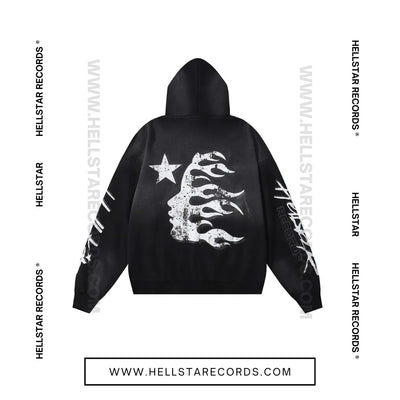 Back view of the Hellstar Records Flame Flare Hoodie in black featuring a bold white flame graphic and the Hellstar Records logo.