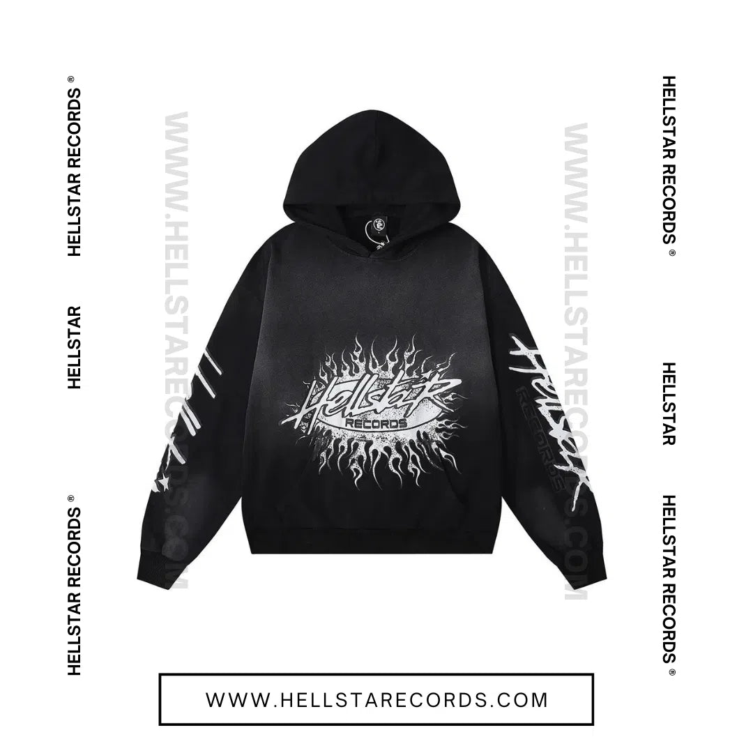 Front view of the Hellstar Records Flame Flare Hoodie in black featuring a bold white flame graphic and the Hellstar Records logo.