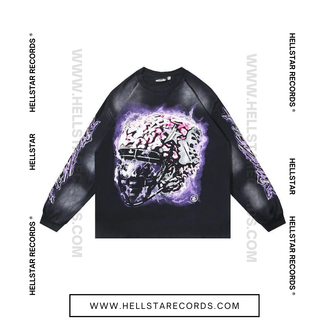 Hellstar Records Longsleeve Tee with Powered By The Star Pink and Purple Lightning Graphics - Front