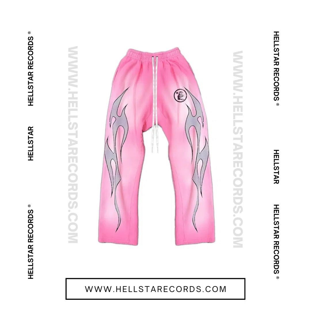 Hellstar Records Pink Capsule Sweatpant featuring grey flame graphics and the Hellstar logo.