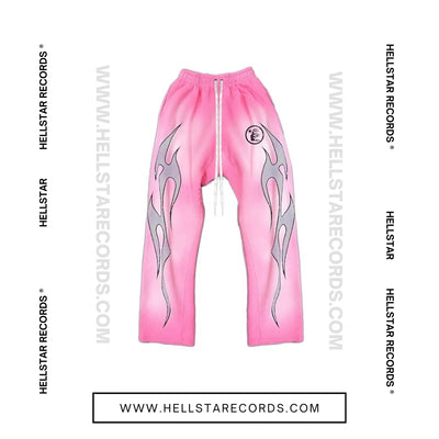 Hellstar Records Pink Capsule Sweatpant featuring grey flame graphics and the Hellstar logo.