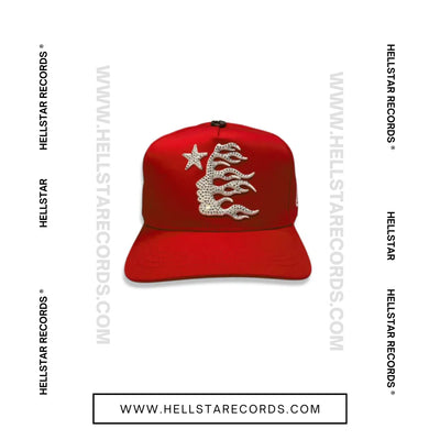 Front view of the Hellstar Red Flame Cap, showcasing flame graphics and the official Hellstar logo.