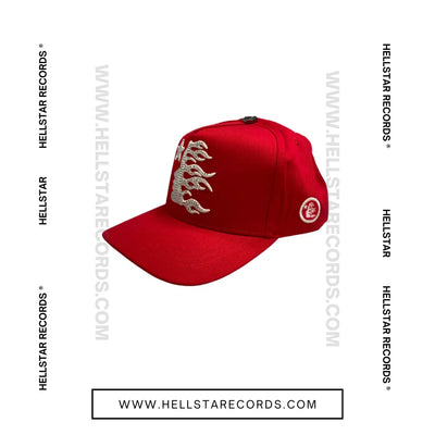 Side view of the Hellstar Red Flame Cap, showcasing flame graphics and the official Hellstar logo.