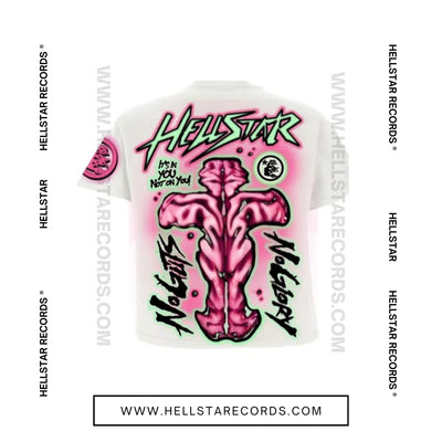 Hellstar Studios 'No Guts No Glory' Cream Tee - Back with Pink and Black Graphics