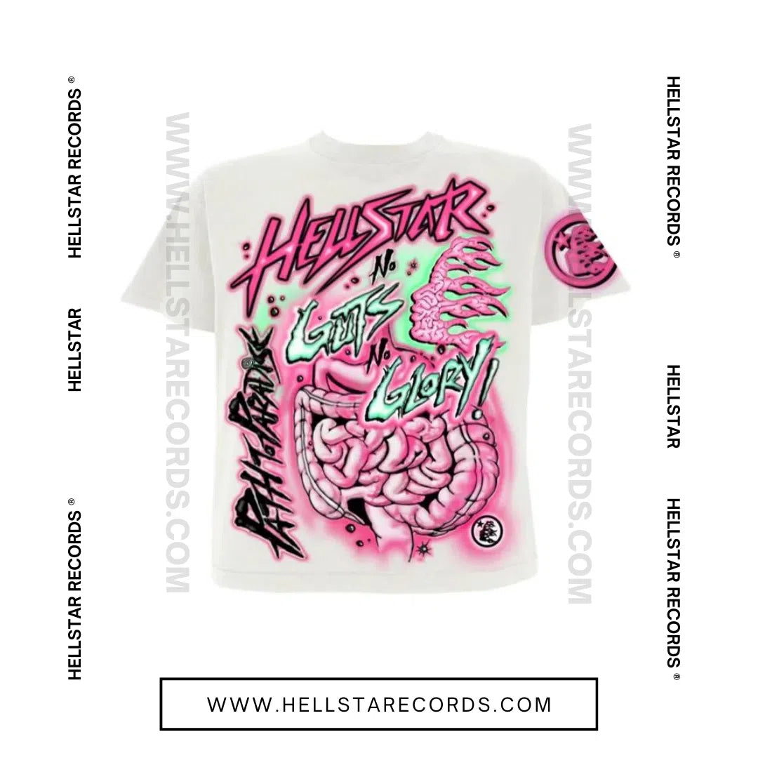 Hellstar Studios 'No Guts No Glory' Cream Tee - Front with Pink and Black Graphics