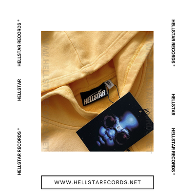 Close view of Hellstar Studios Zip-Up Hoodie available in grey, blue, and yellow with flame designs and Hellstar Records logo.